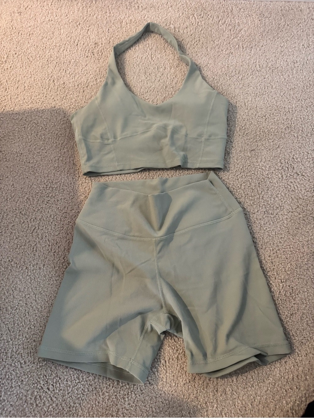 Women's Sage Green Workout Set - Crop Top & High-Waist Shorts